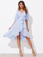 Shein Gathered Sleeve Surplice Wrap Pinstripe Dress