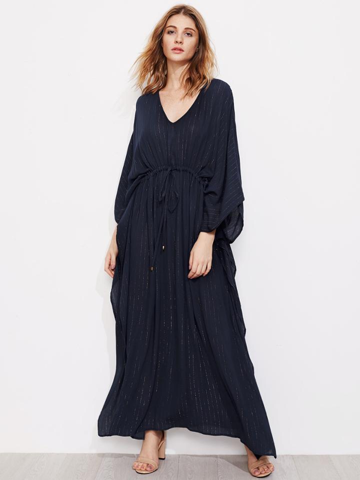 Shein Gathered Waist Dolman Sleeve Gold Thread Dress