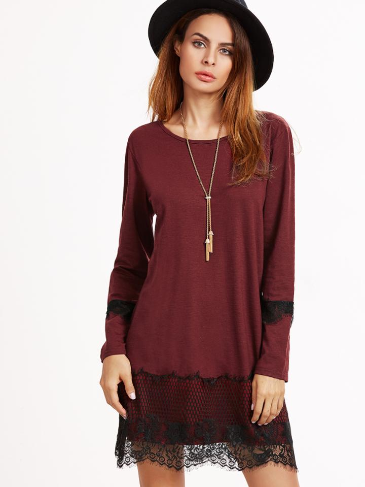 Shein Burgundy Contrast Lace Trim Shift Dress