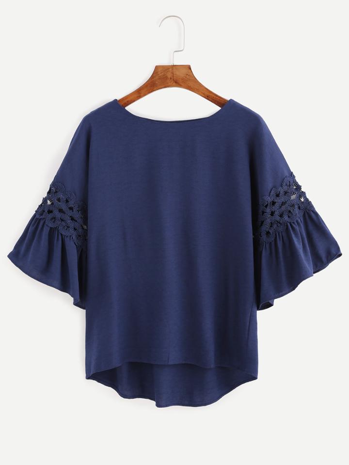 Shein Navy Crochet Insert High Low Ruffle Blouse