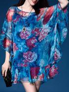 Shein Blue Batwing Sleeve Floral Ruffle Dress