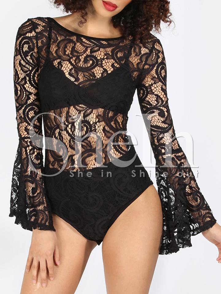 Shein Black Bell Sleeve Lace Overall Jumpsuit