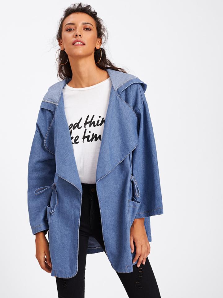 Shein Drawstring Waist Drop Shoulder Hooded Denim Coat