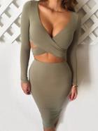 Shein Army Green Deep Plunge Neck Cutout Sheath Dress