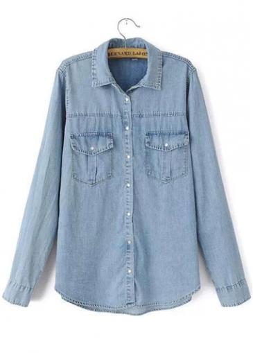 Rosewe Chic Button Closure Long Sleeve Denim Blue Shirt