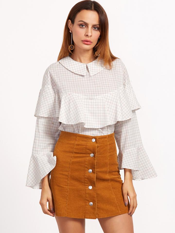 Shein White Grid Chelsea Collar Ruffle Blouse
