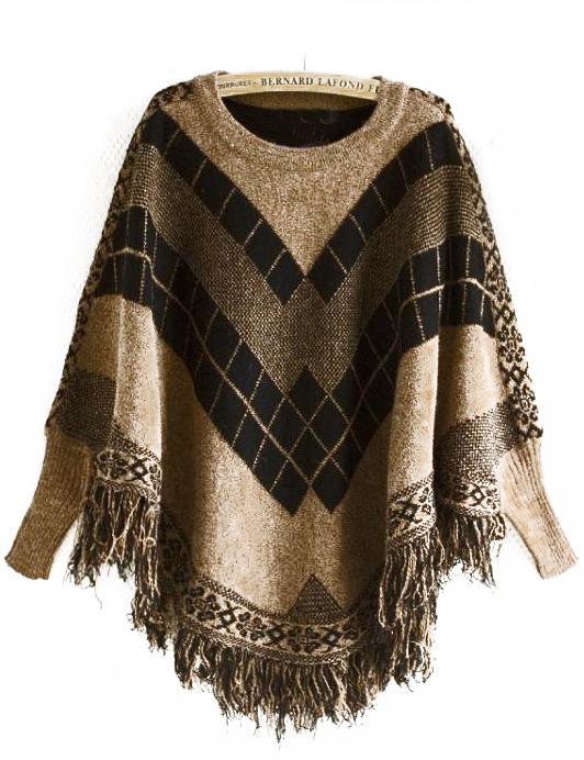 Shein Camel Round Neck Geometric Print Tassel Cape