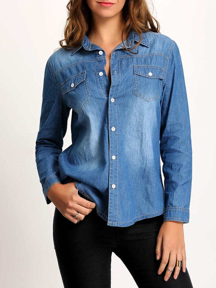 Shein Blue Lapel Bleached Denim Blouse