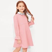 Shein Girls Contrast Embroidered Collar Bell Cuff Dress