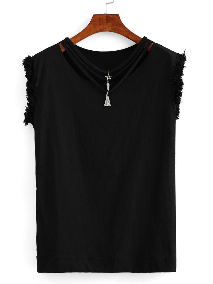 Shein Strappy Neck Raw Hem Sleeve T-shirt - Black