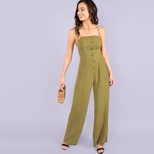 Shein Button Front Wide Leg Halter Jumpsuit