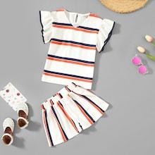 Shein Girls Ruffle Detail Striped Top & Shorts Co-ord