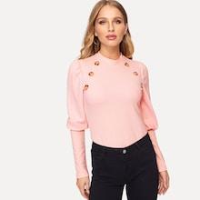 Shein Button Embellished Leg-of-mutton Sleeve Tee