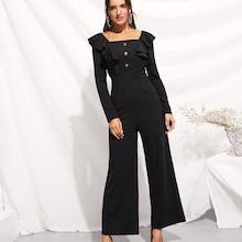 Shein Button Detail Ruffle Trim Wide Leg Jumpsuit