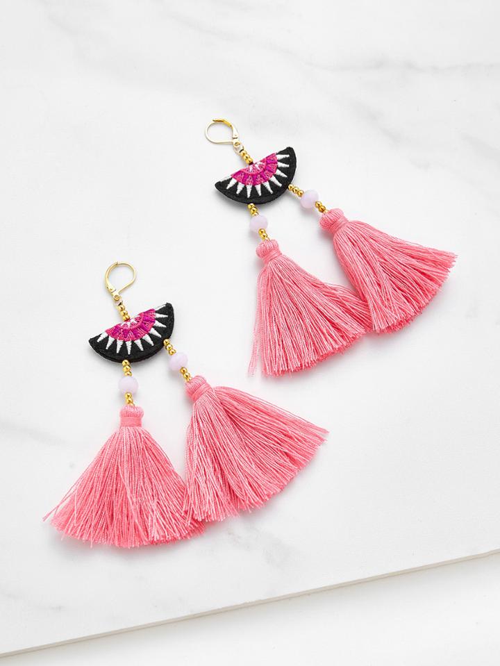 Shein Embroidery Detail Two Tassel Drop Earrings