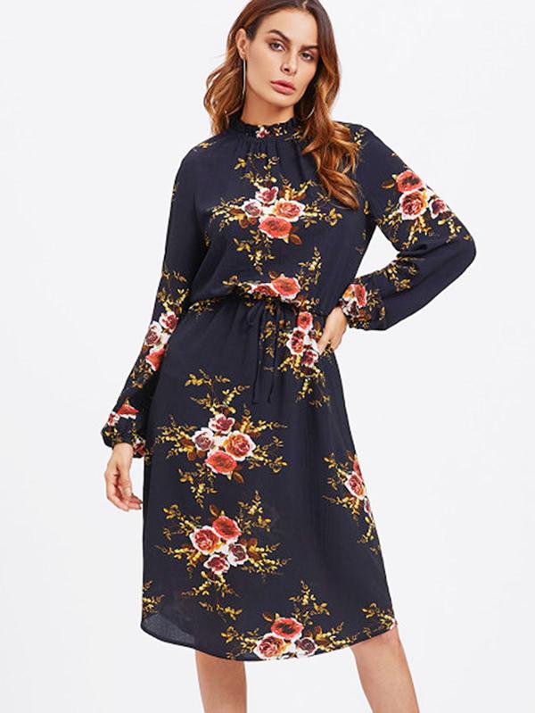 Shein Flower Print Gathered Neck Drawstring Waist Dress