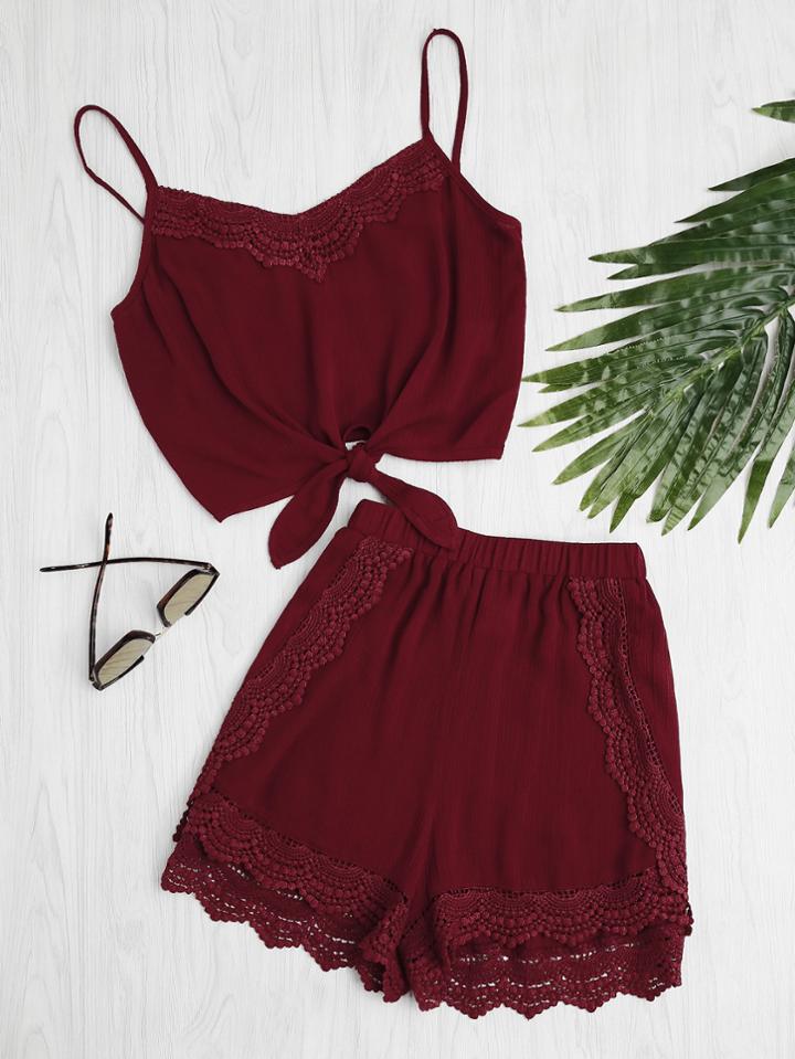 Shein Knot Front Crochet Detail Cami Top With Shorts Pajama Set