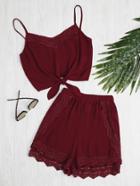Shein Knot Front Crochet Detail Cami Top With Shorts Pajama Set