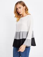 Shein Contrast Tiered Frill Hem Crochet Trim Blouse