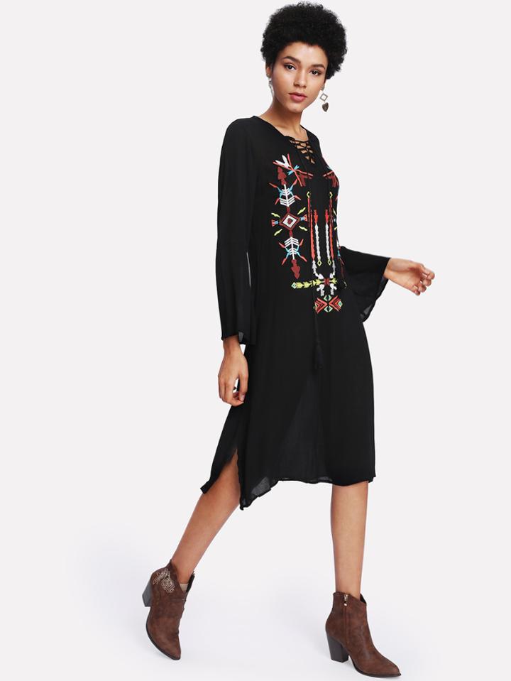 Shein Lace Up V Neck Embroidery Dress