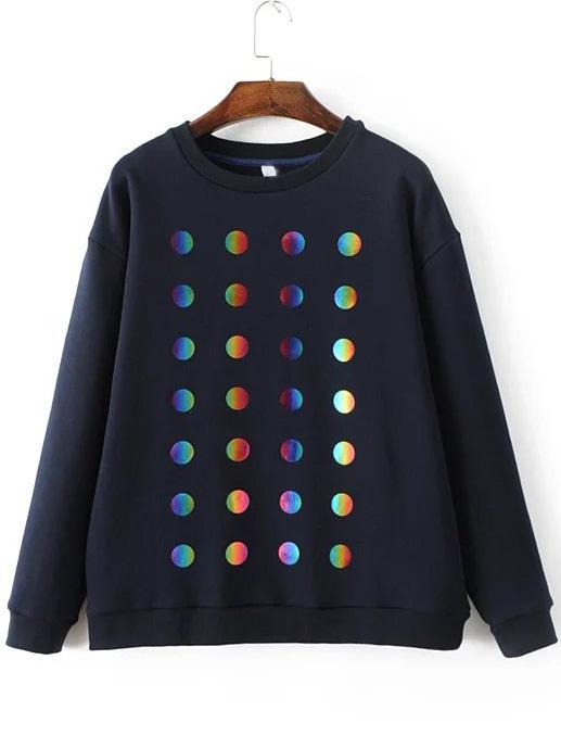 Shein Navy Polka Dot Ribbed Trim Sweatshirt