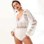 Shein Tassel Tie Back Sheer Guipure Lace Bodice Bodysuit Without Bra