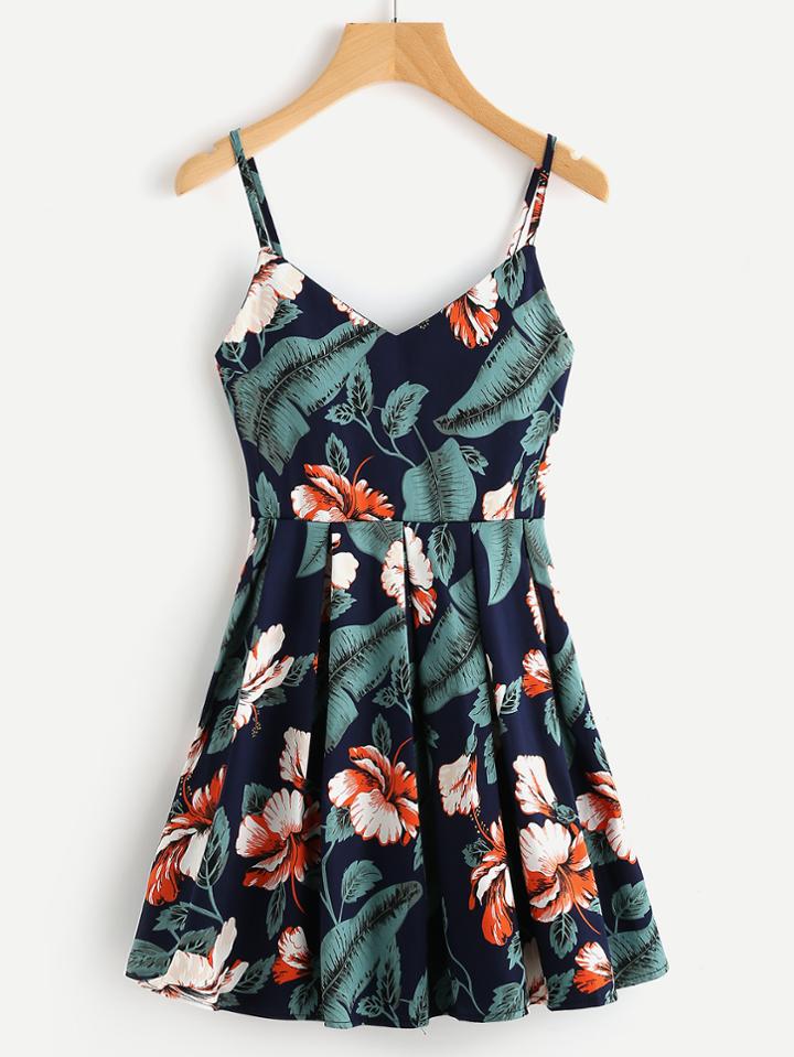 Shein Leaf Floral Print Random Box Pleat Cami Dress