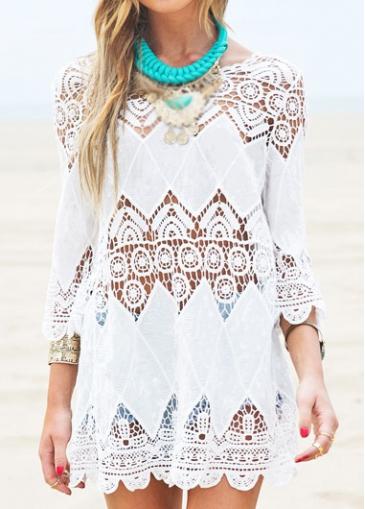 Rosewe Hollow Design Round Neck White Dress