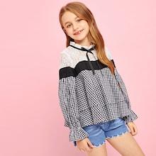 Shein Girls Keyhole Back Lace Insert Gingham Top