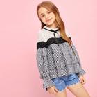 Shein Girls Keyhole Back Lace Insert Gingham Top