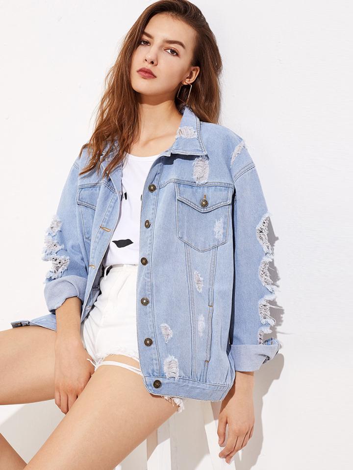Shein Faded Wash Distressed Boyfriend Denim Jacket