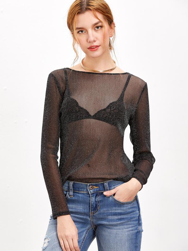 Shein Black Boat Neck Sheer Sparkle Top