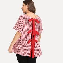 Shein Plus Bow Detail Back Plaid Smock Top