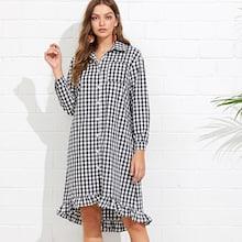 Shein Ruffle Dip Hem Gingham Shirt Dress