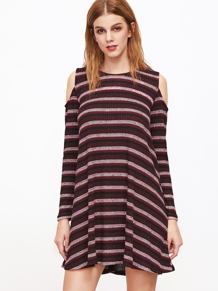 Shein Burgundy Striped Cold Shoulder Shift Dress