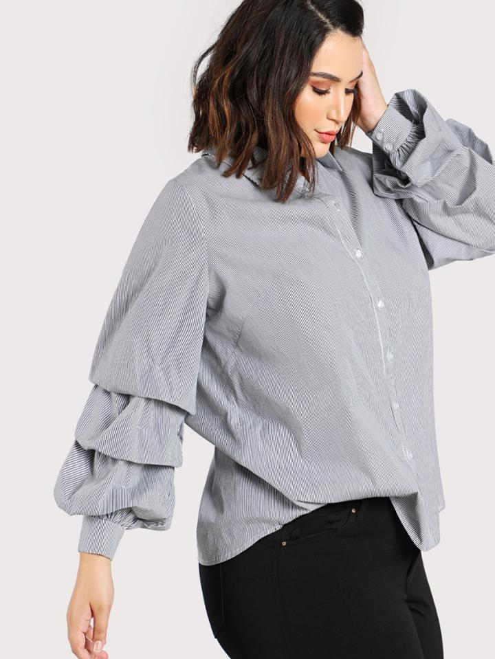 Shein Ruched Sleeve Striped Button Up Blouse