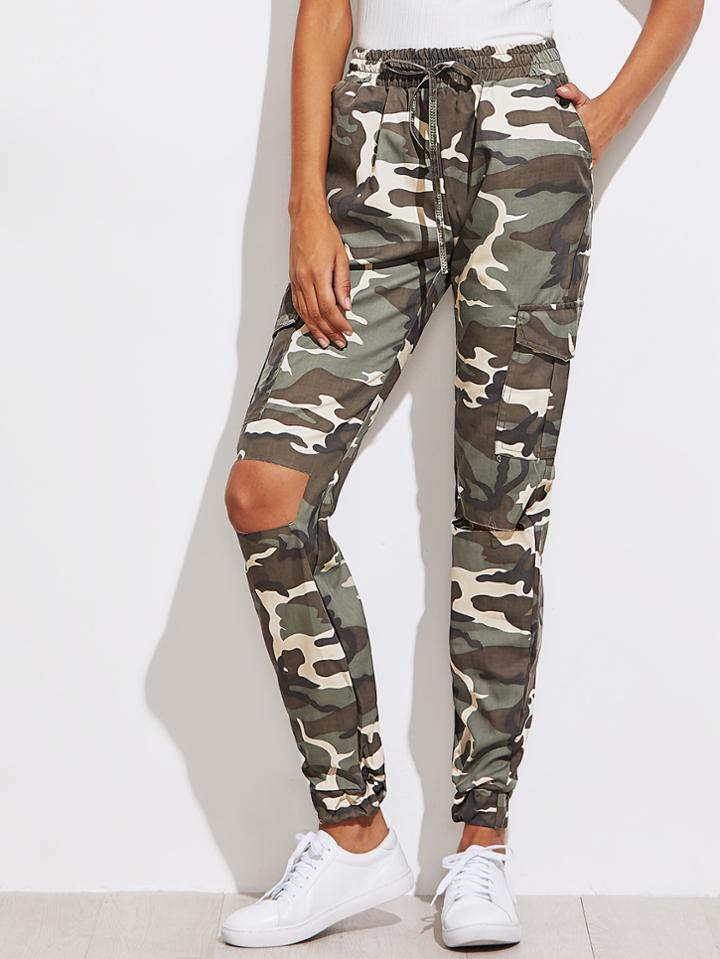 Shein Drawstring Waist Knee Cut Camouflage Pants
