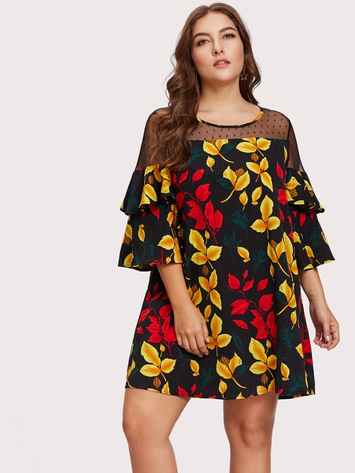 Shein Dot Mesh Yoke Layered Sleeve Swing Dress