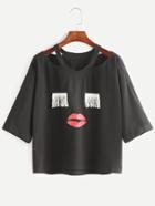 Shein Cutout Neck Applique Face Tee