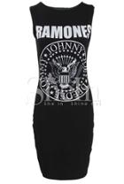 Shein Black Sleeveless Ramones Print Bodycon Dress