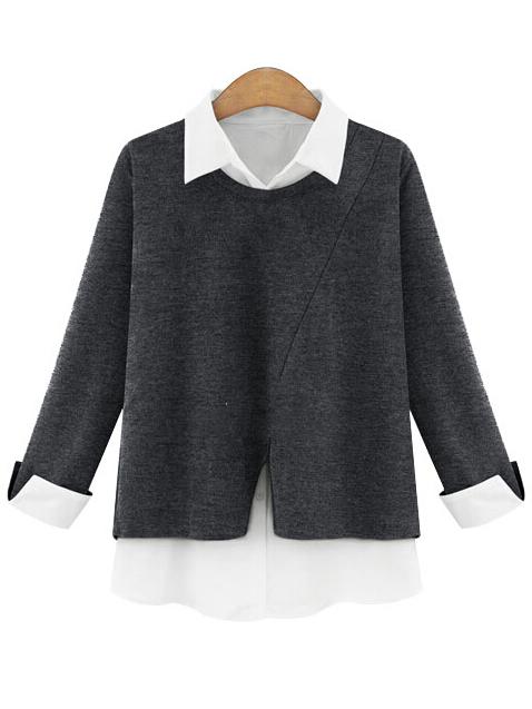 Shein Dark Grey Contrast Lapel Loose Blouse