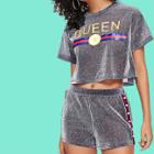 Shein Graphic Tee & Pearl Beading Striped Side Shorts Set
