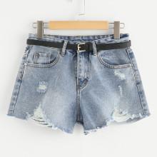 Shein Frayed Hem Faded Denim Shorts With Belt