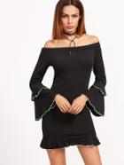 Shein Black Ribbed Knit Off The Shoulder Ruffle Dress