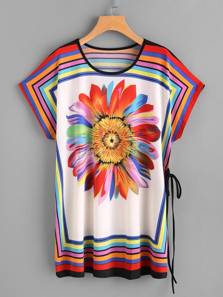 Shein Rainbow Sunflower Print Dolman Sleeve Tie Detail Tee Dress