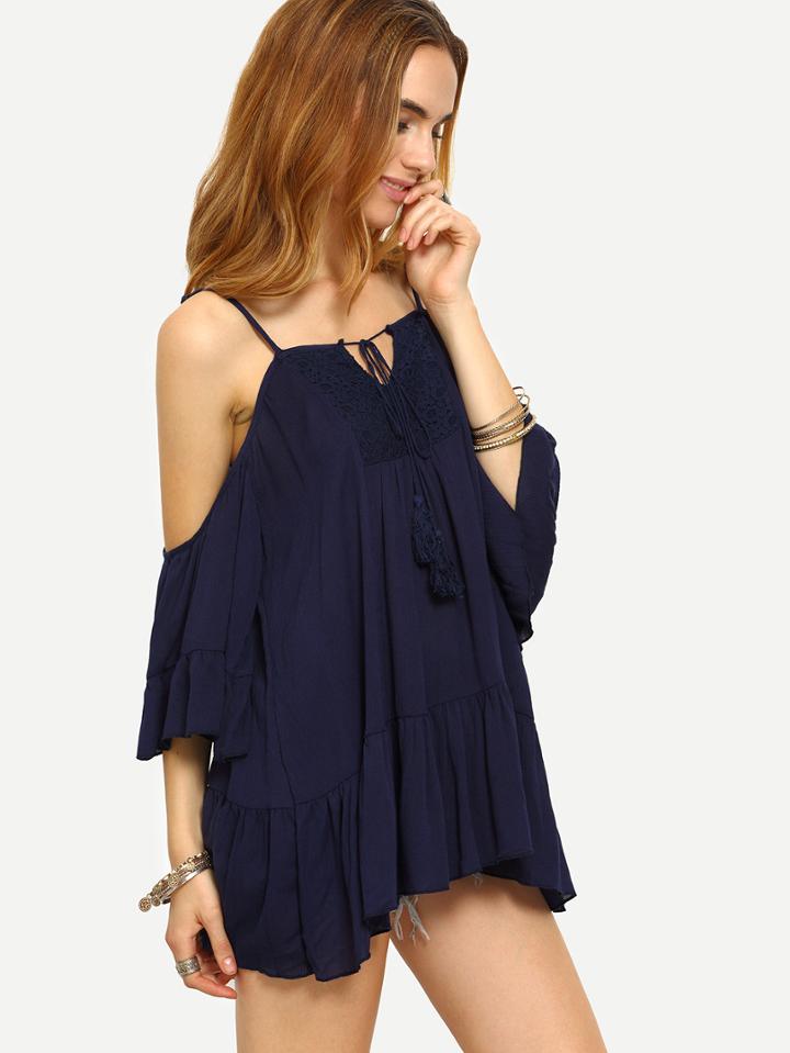 Shein Tie-neck Cold Shoulder Ruffled Hem Top - Navy