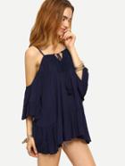 Shein Tie-neck Cold Shoulder Ruffled Hem Top - Navy