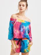 Shein Multicolor Tie Dye Print Off The Shoulder Sweatshirt With Drawstring Shorts