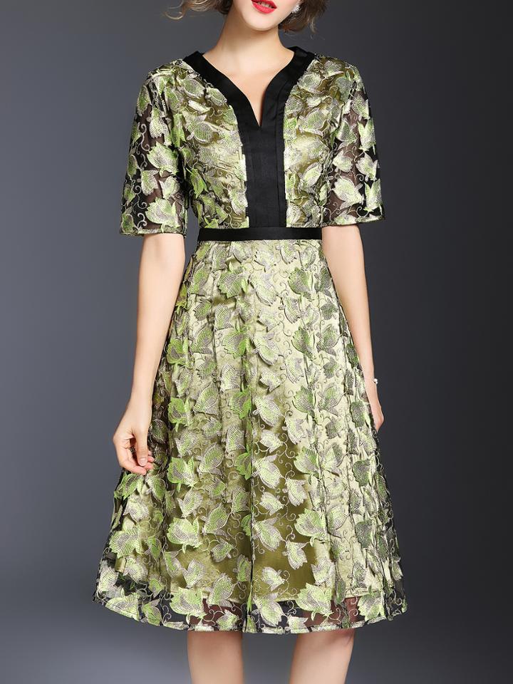 Shein Green V Neck Flowers Gauze Embroidered Dress