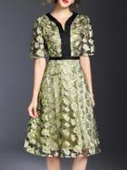 Shein Green V Neck Flowers Gauze Embroidered Dress